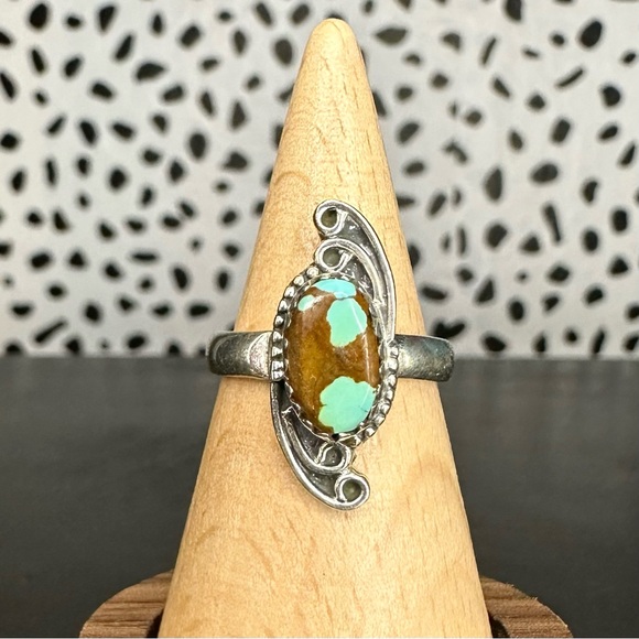 Sterling Silver Number 8 Turquoise Scroll Silver Work Ring Size 6 - Picture 1 of 10
